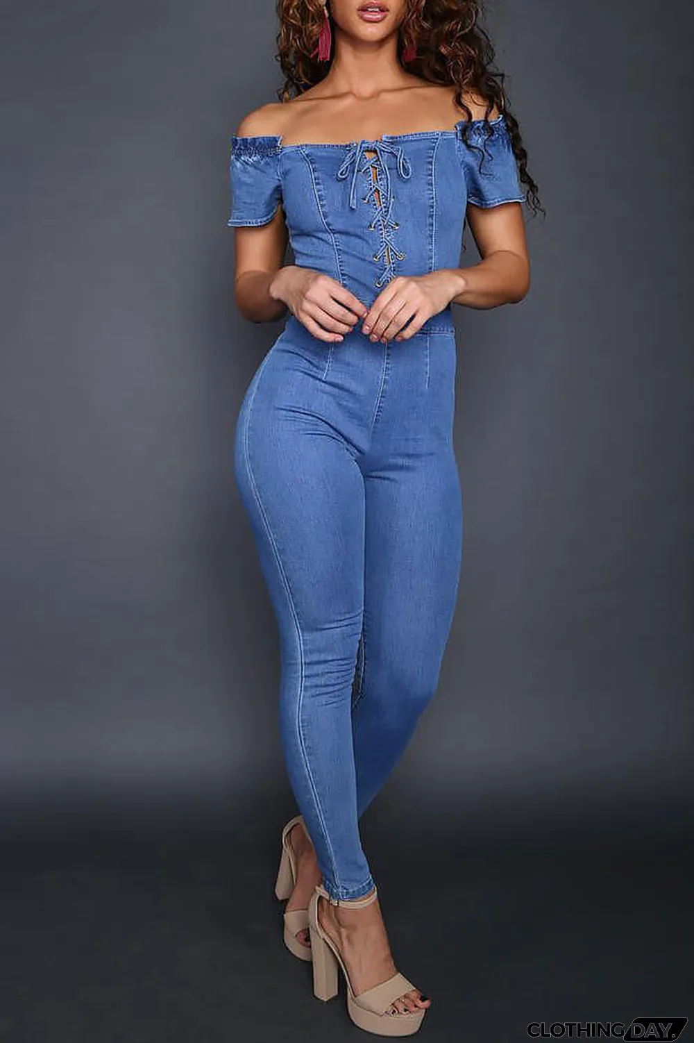 Blue Fashion Casual Solid Backless Off the Shoulder Regular Jumpsuits