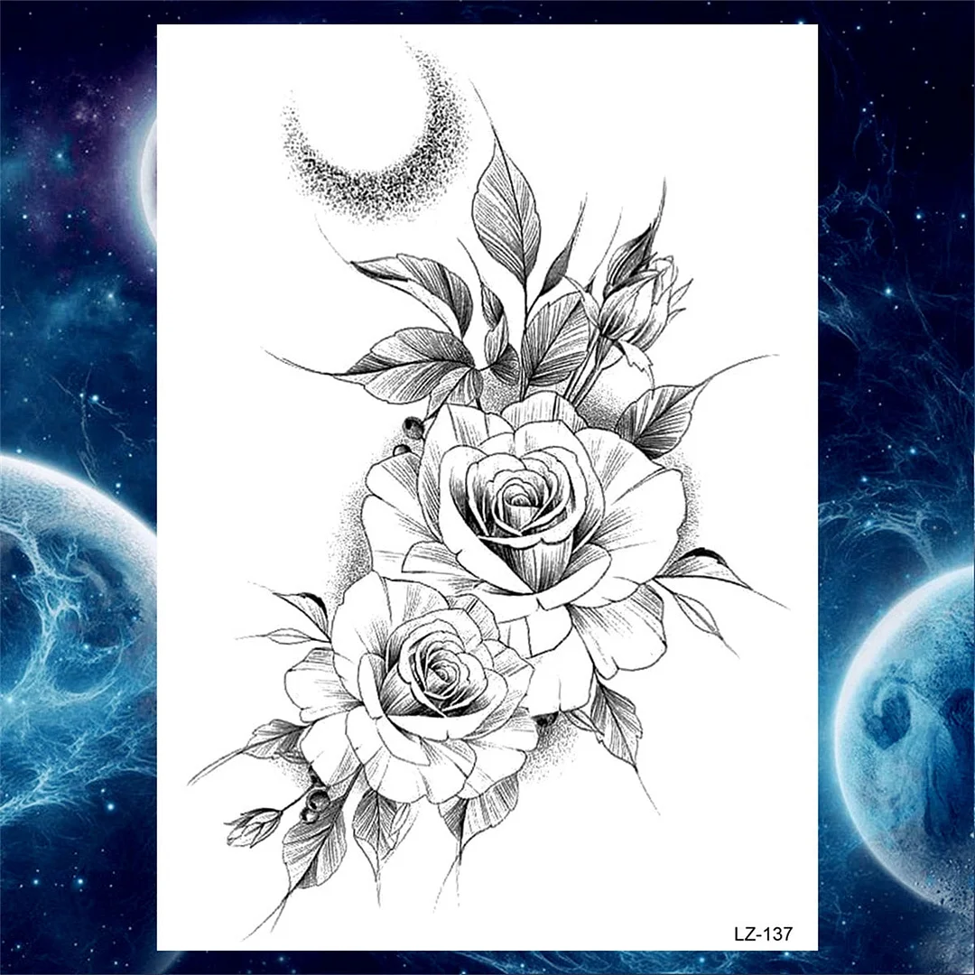 Large 3D Rose Flower Temporary Tattoos For Women Men Adults Death Skull Tattoo Sticker Peony Dahlia Black Fake Tatoos Forearm