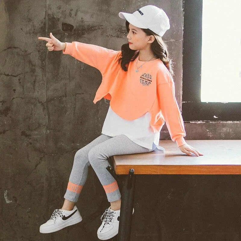 Teenage Letters Spring Autumn Warm Children Girls Suit Sweater Jeans 2Pcs/Sets Blue Clothing Kids Sport School High Quality