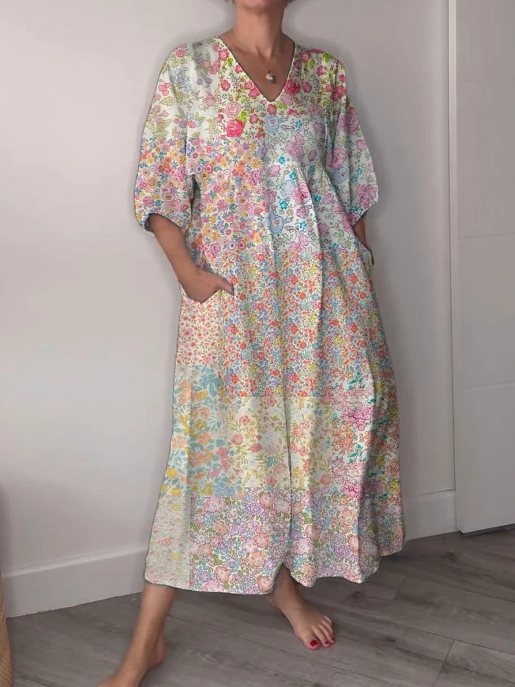 Vintage Floral Patchwork Pattern Printed Women's Pocket V-Neck Cotton Dress
