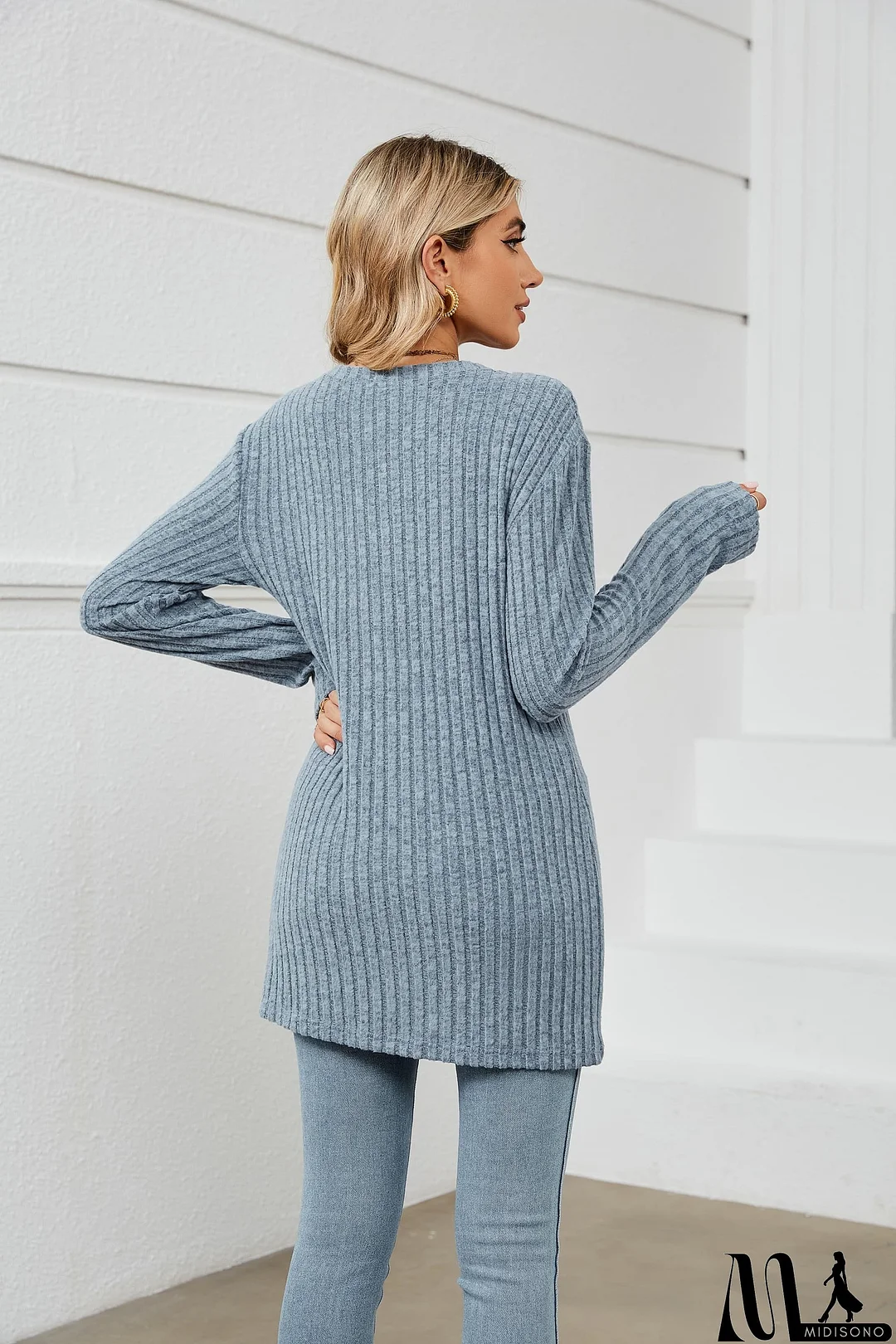 MidiSono - Notched Neck Ribbed Long Sleeve T-Shirt