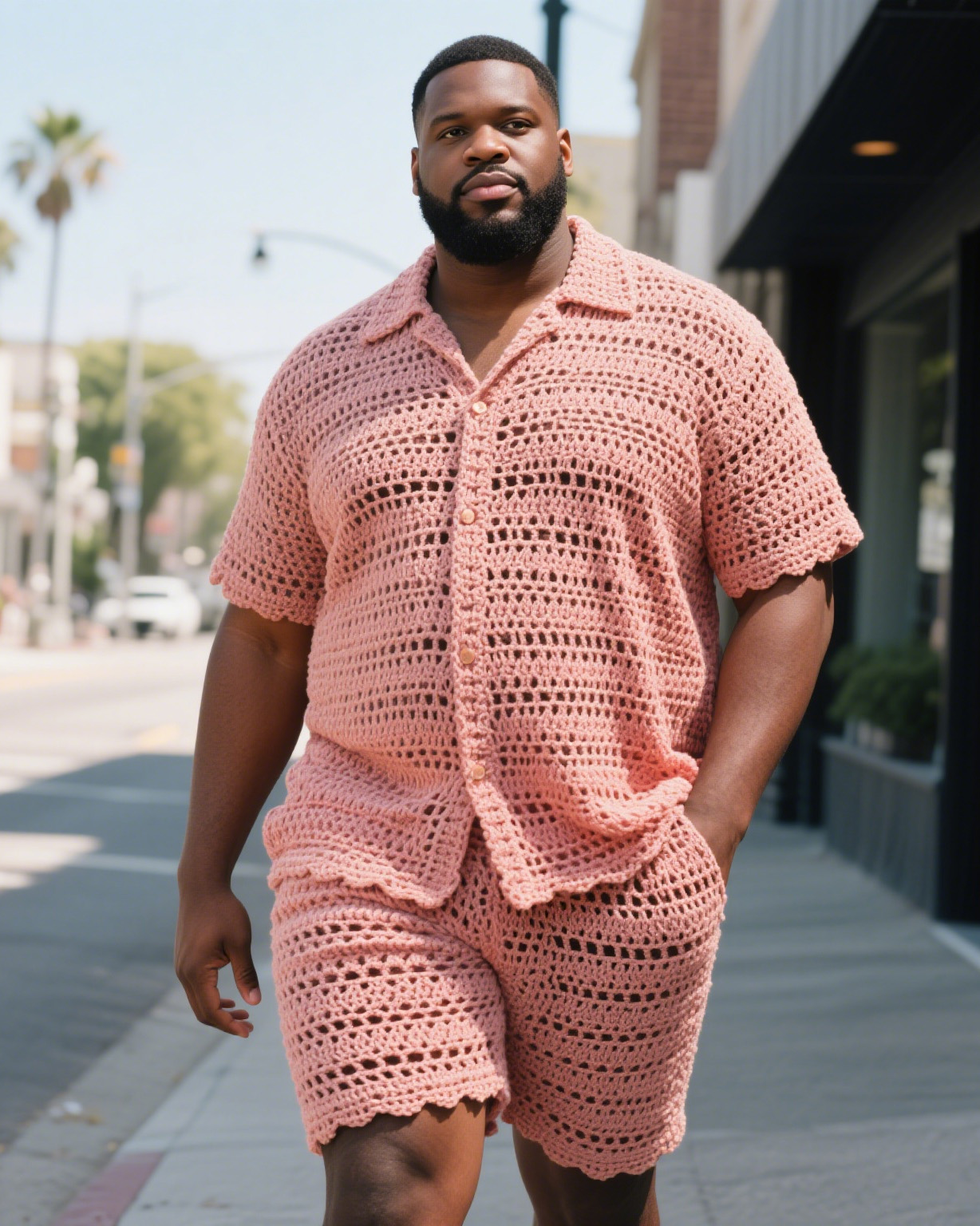 Men's Plus Size Orange Crochet Shirt Shorts Suit