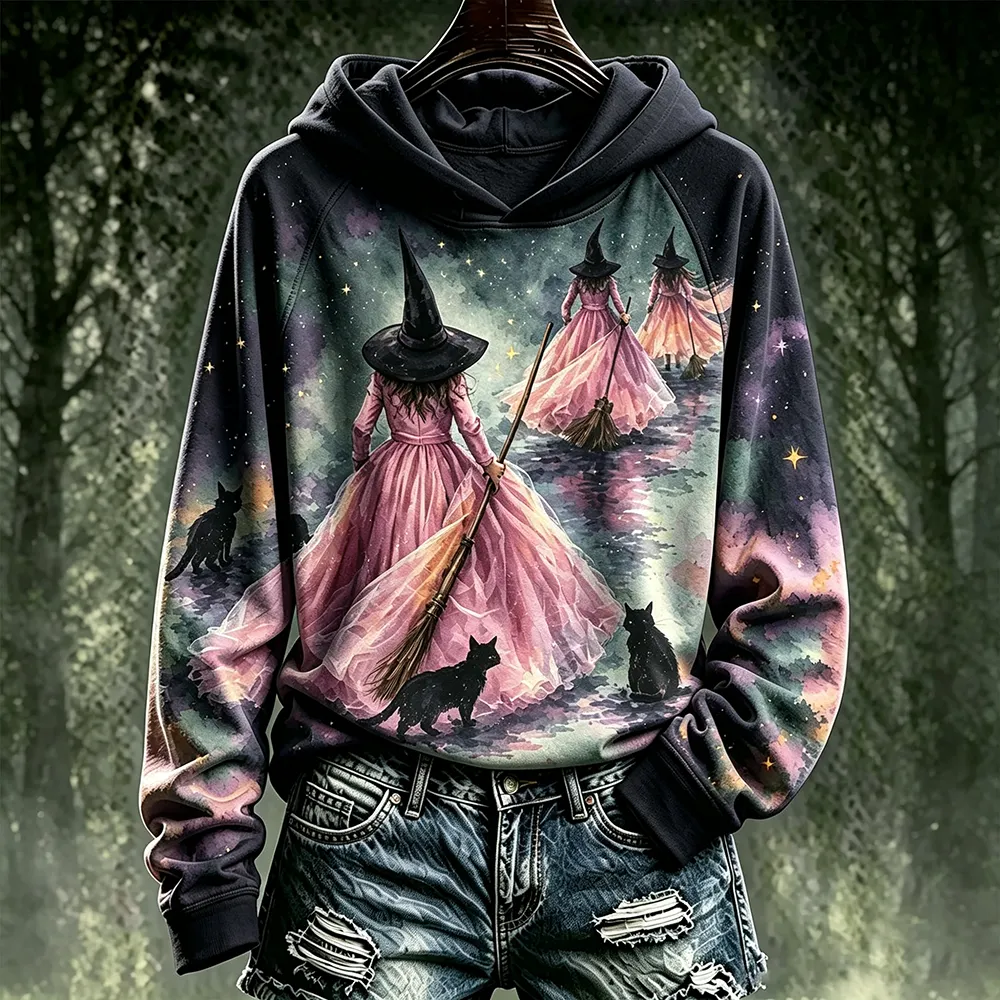 Comstylish Women's Pink Halloween Black Cat Witch Print Hoodie