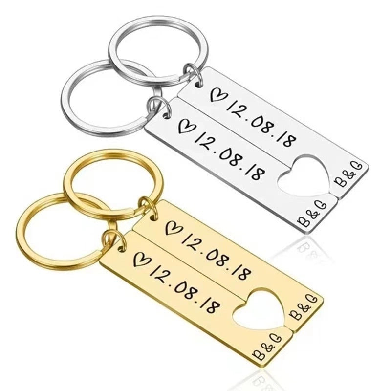 Hot Selling Stainless Steel Strip Heart-Matching Personality Simple Couple Keychain Engraved Date Factory In Stock