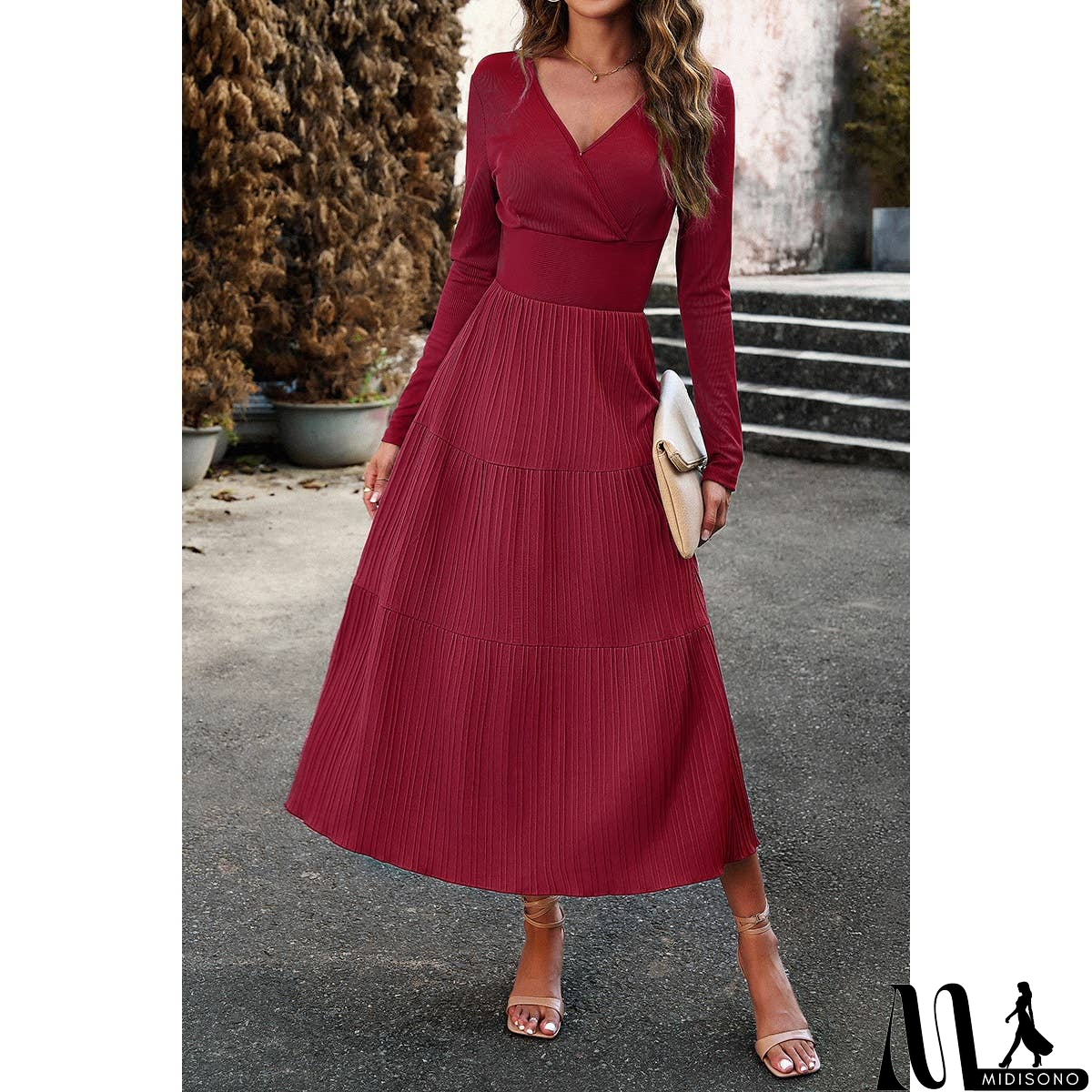 MidiSono - Elastic Waist Fit A Line Color Block Ruffle Dress