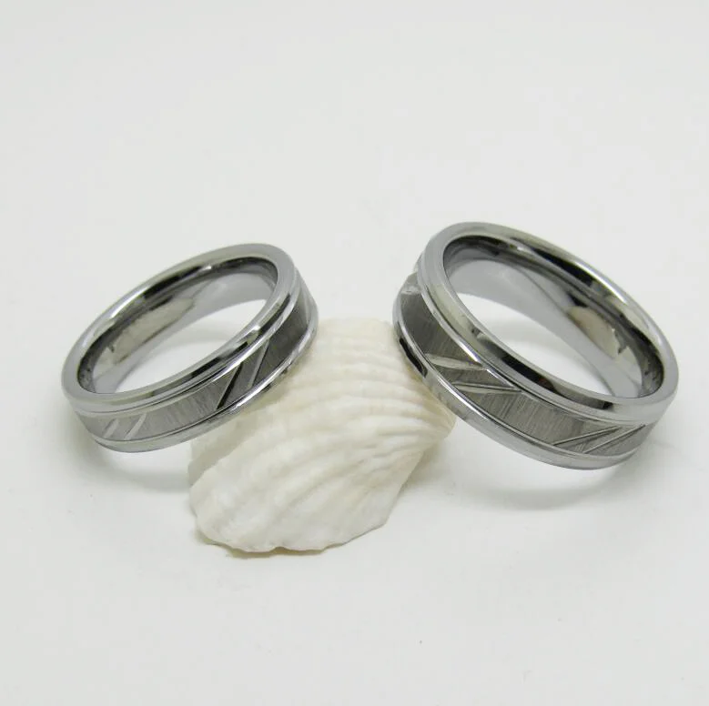 6MM 8MM Sliver Couple Tungsten Wedding Rings With Chamfered Grooves On Both Sides And Inclined Groove In The Middle