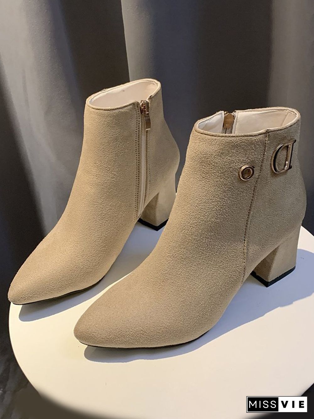 Side Zip Faux Suede Pointed Toe Chunky Heel Booties