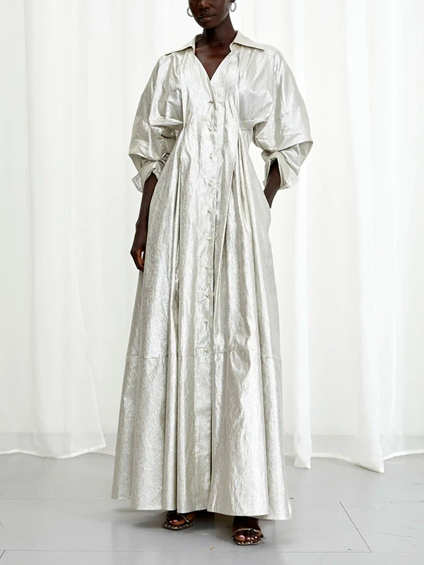 Waist Pleat Side Seam Pockets Side Hem Splits Maxi Dress