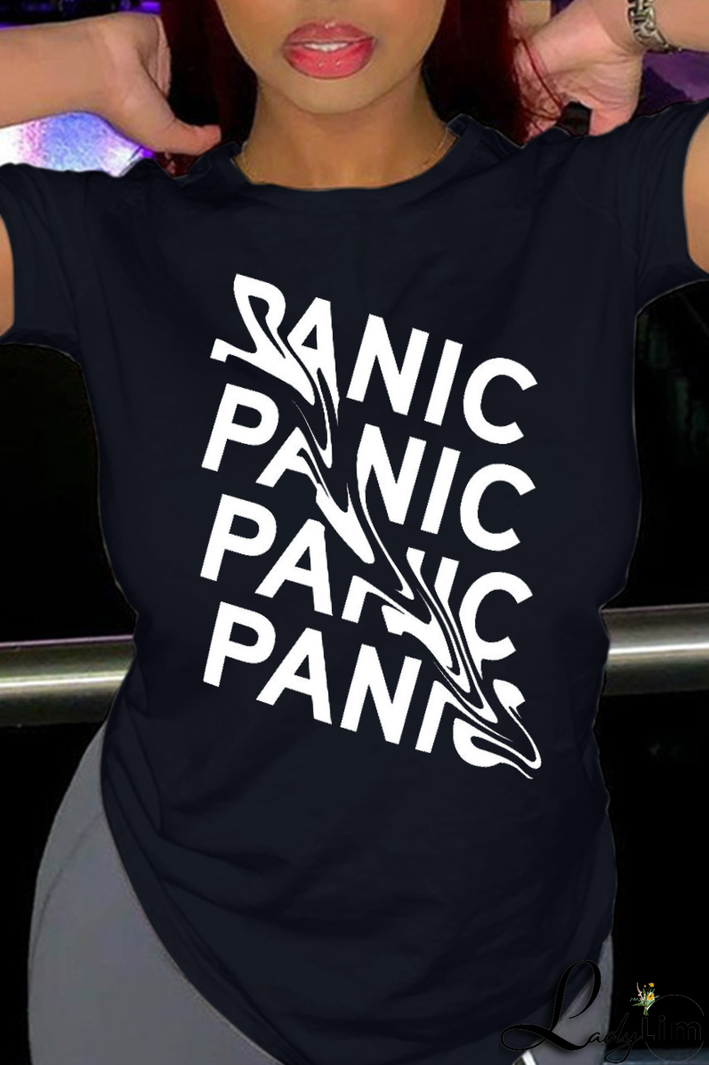 Navy Blue Street Daily Print Patchwork Letter O Neck T-Shirts