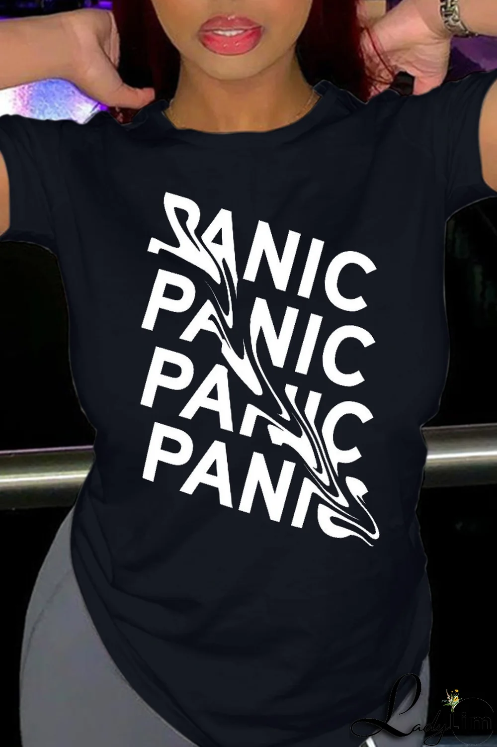 Navy Blue Street Daily Print Patchwork Letter O Neck T-Shirts