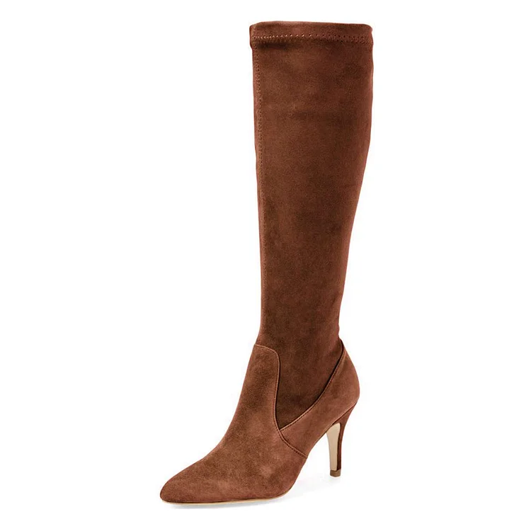 Brown Vegan Suede Stiletto Knee-High Boots for Women |FSJ Shoes