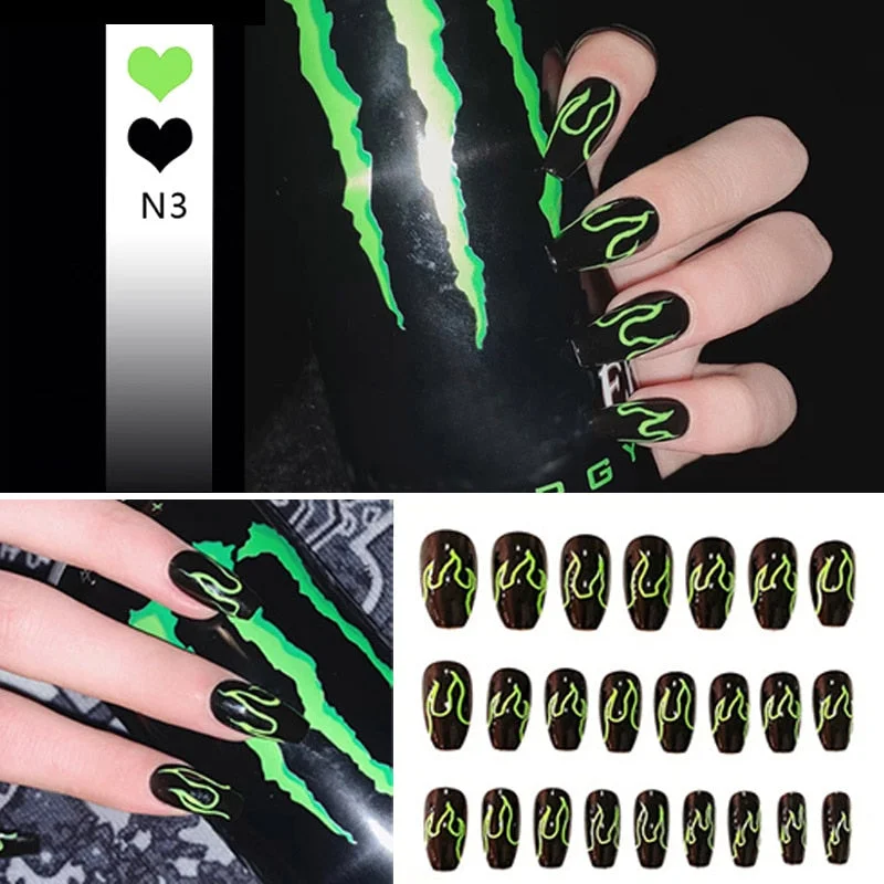 24pcs 4 Fire Patterns Design Cool Girls Hand Decorative False Nails with Glue Full Cover Detachable false nails with designs-Nail Inspo