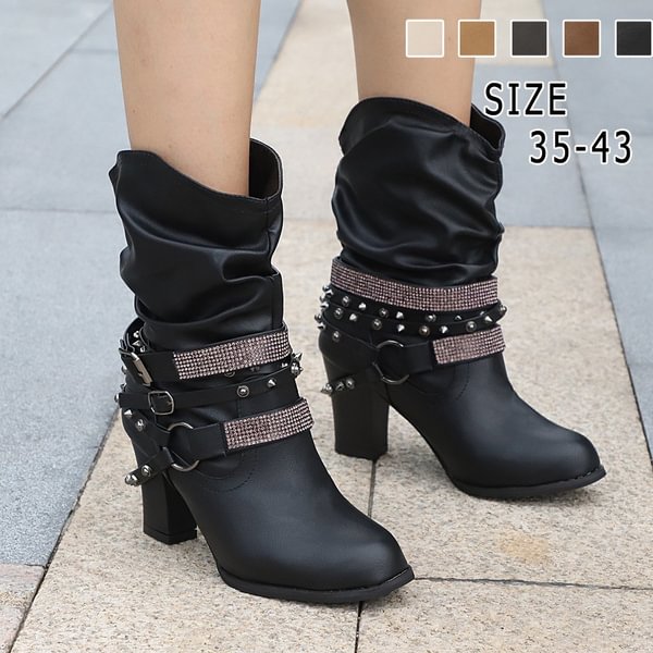 Winter Women's New Fashion High Chunky Heel PU Leather Boots Ankle Strap Buckle Belt Mid-calf Boots Rhinestone Rivet Short Boots - Life is Beautiful for You - SheChoic