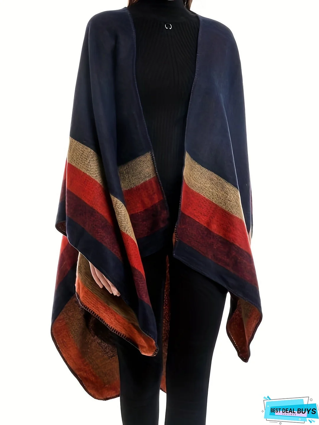 Striped Pattern Shawl Tunics, Vintage Open Front Tunic Tops, Women's Clothing