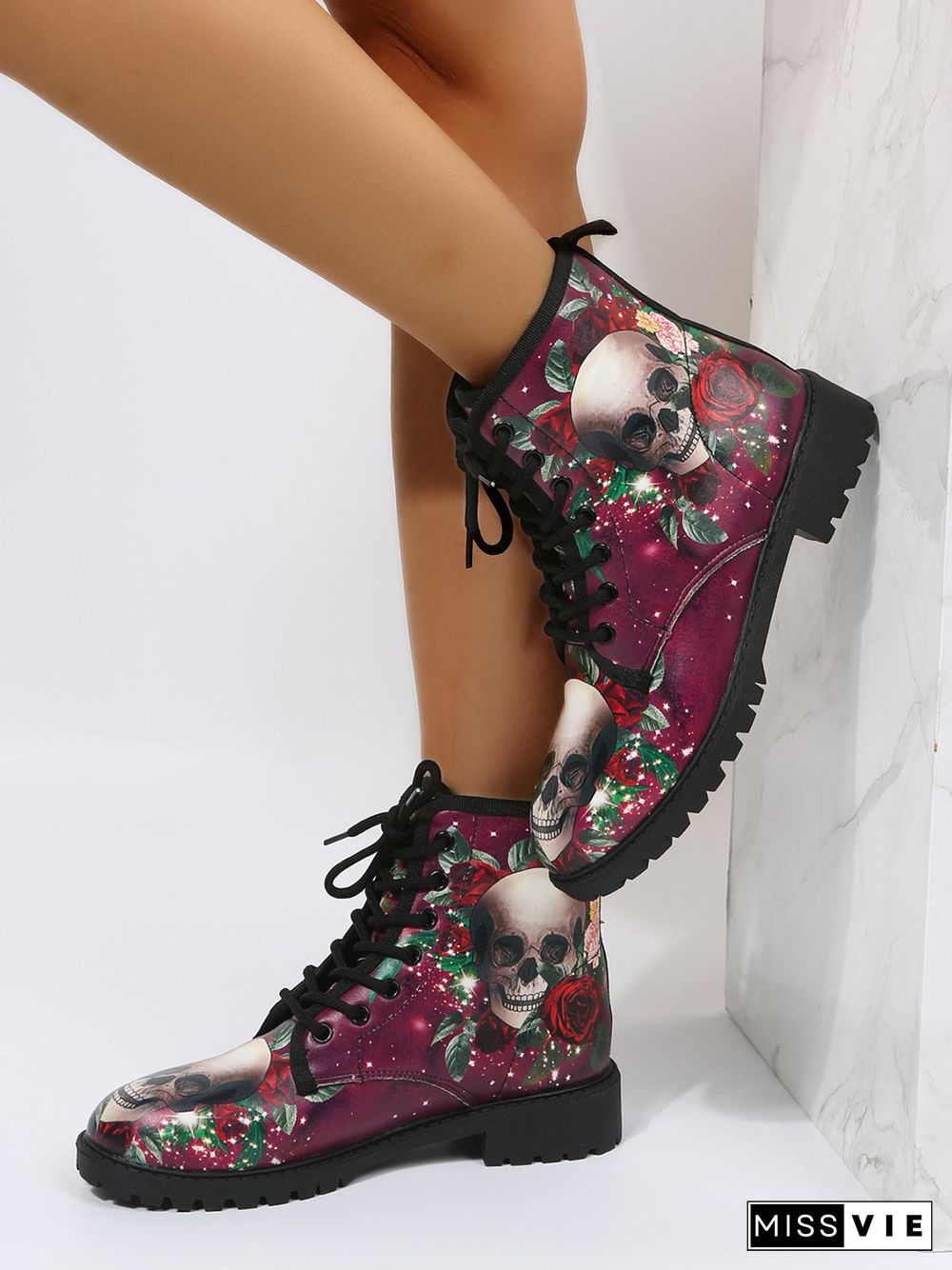 Floral Street All Season Printing Party Low Heel Lace-Up Non-Slip Classic Boots Boots for Women