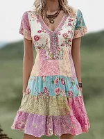 Vintage Boho Floral Patchwork Comfy Linen Midi Dress
