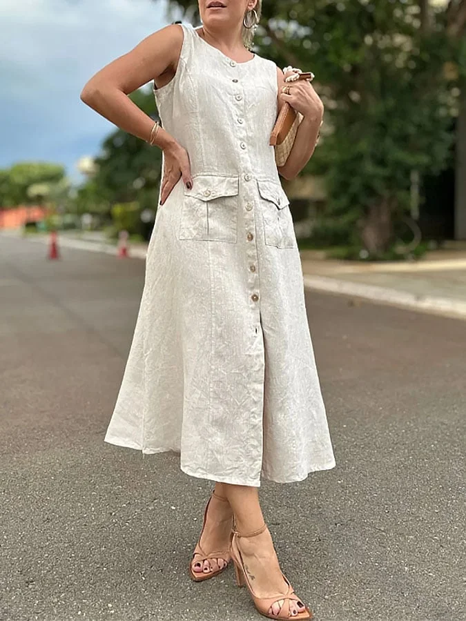 Womens Casual Solid Color Round Neck Sleeveless Button Cotton and Linen Dress 