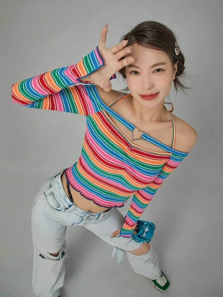 Tlbang Rainbow Striped Slim T-shirts Casual Slash Neck Hollow Out Cropped Tops Women Long Sleeve Sexy Y2k Aesthetic Tees