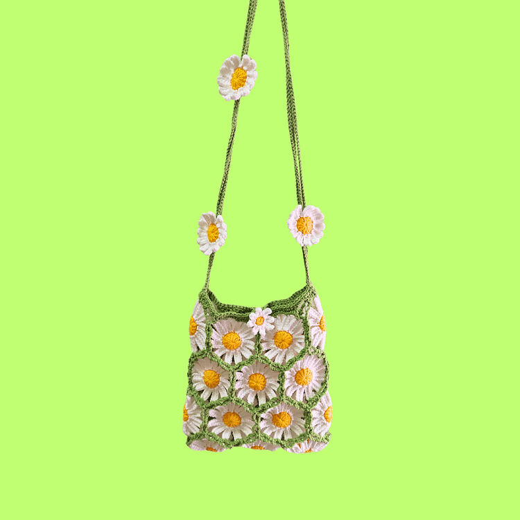 Lulusnow Handmade Green Daisy Crochet Crossbody Bag