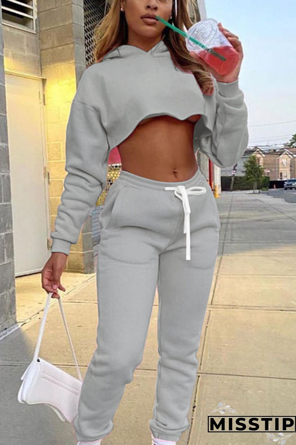 Grey Casual Solid Patchwork Hooded Collar Long Sleeve Regular Sleeve Short Two Pieces