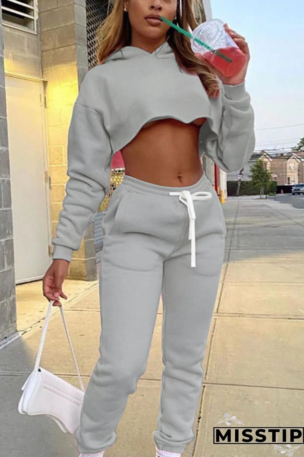 Grey Casual Solid Patchwork Hooded Collar Long Sleeve Regular Sleeve Short Two Pieces
