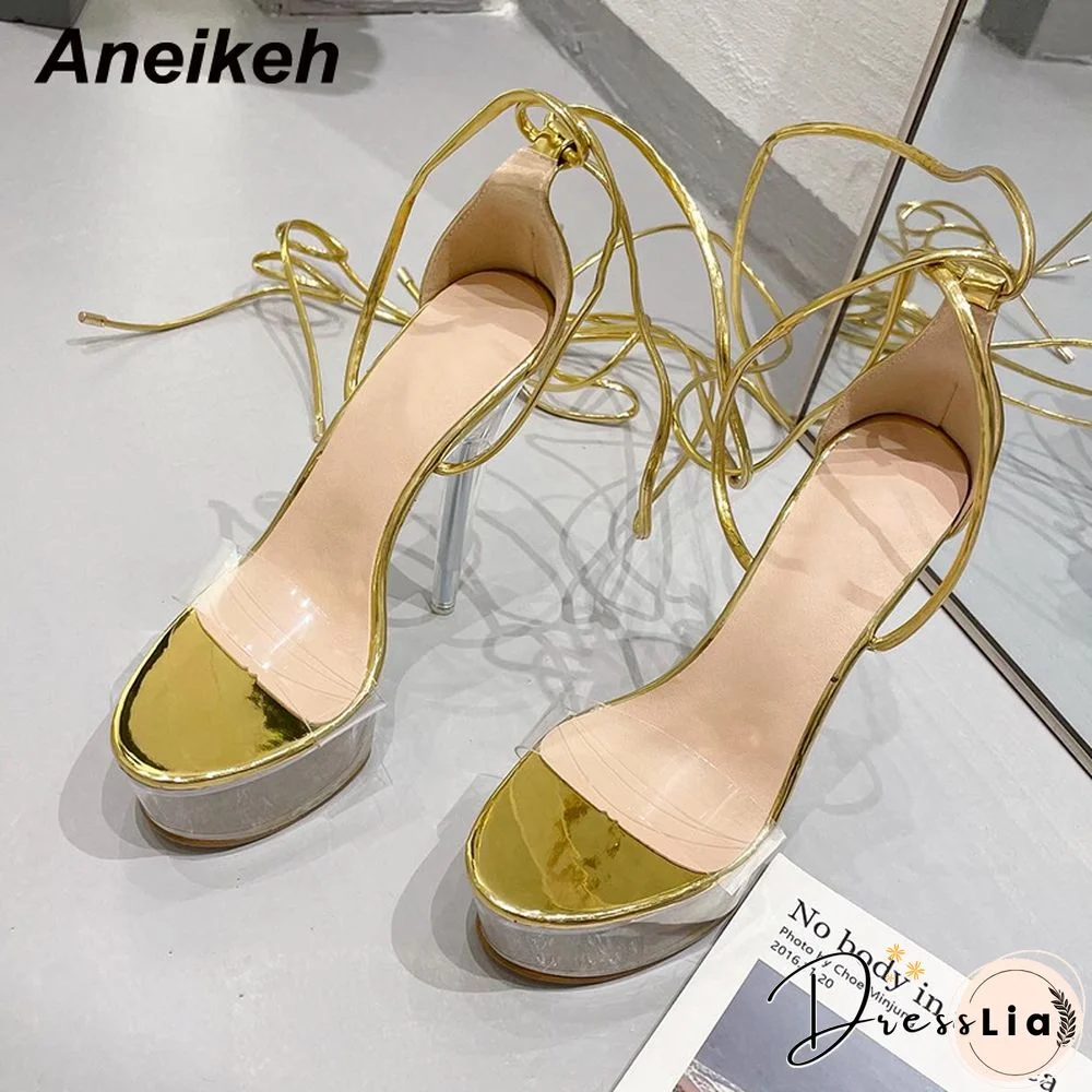Aneikeh Ultra High Crystal Platform Sandalias Peep Toe Ankle-Wrap Buckle Strap NEW Women Shoes Summer Nightclub Party Fashion