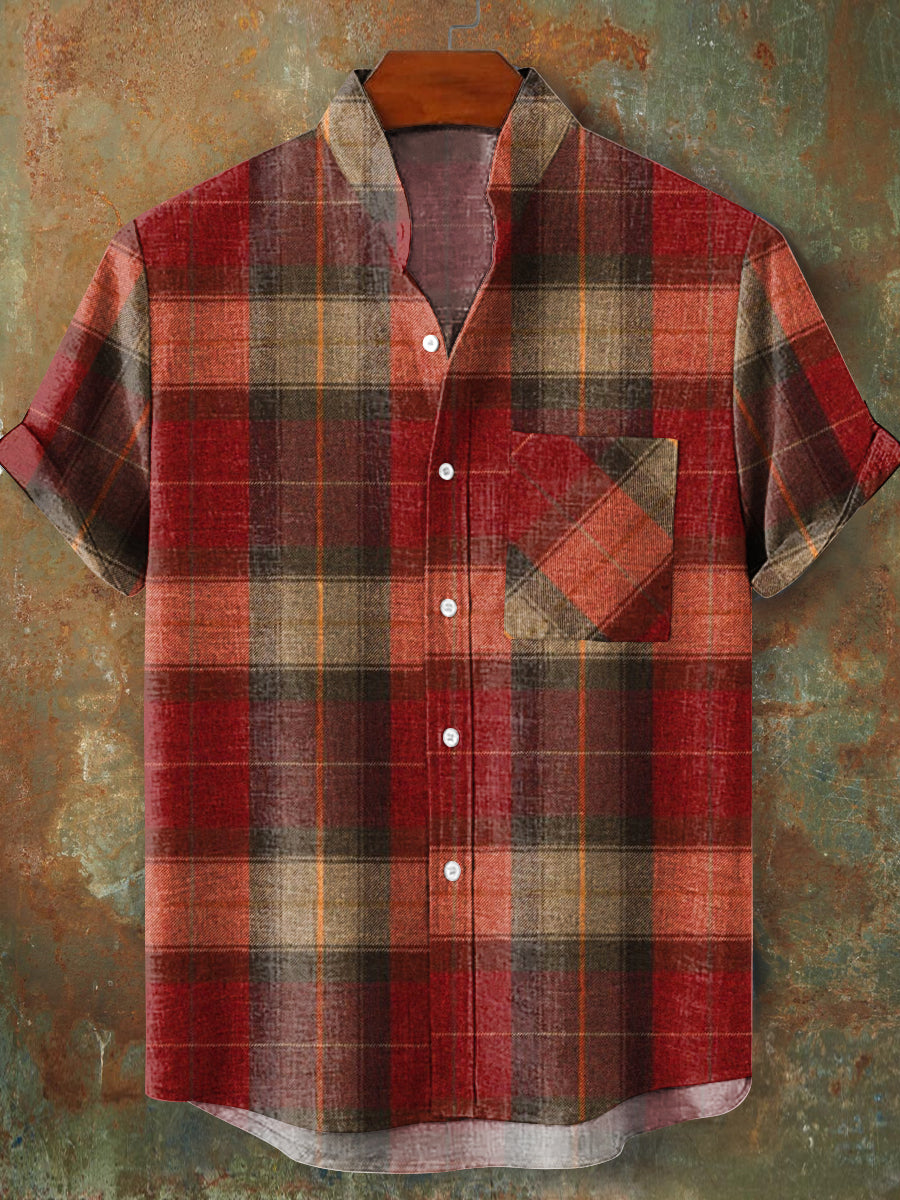 Men's Vintage Abstract Plaid Stand Collar Short Sleeve Shirt