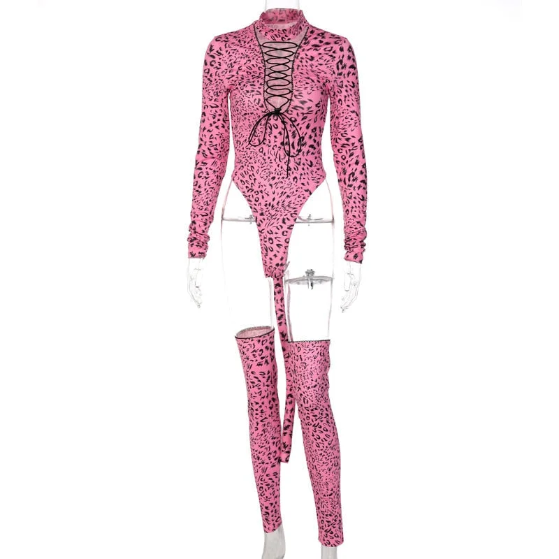 Hawthaw Women Autumn Winter Long Sleeve Sexy Printed Bodycon Pink Tops Bodysuit 2021 Fall Clothes Wholesale Items Streetwear 530-1