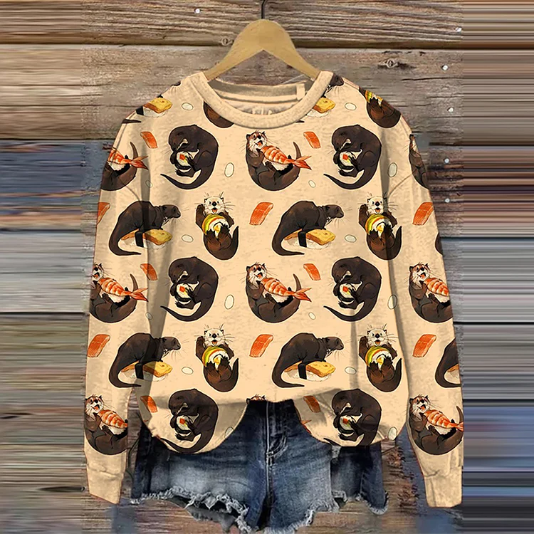 Wearshes Women’s Cute Sushi Otter Pattern All Over Print Sweatshirt