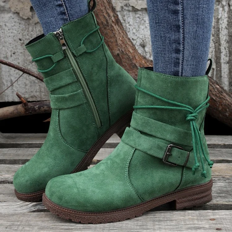 😍Women's retro buckle square heel round toe waterproof side zipper mid-calf ankle boots