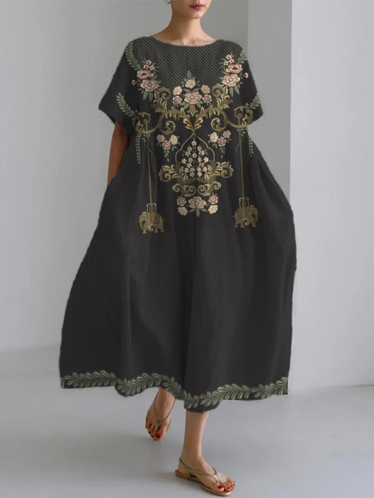 Ethnic Floral Pattern Women's Linen Maxi Dress