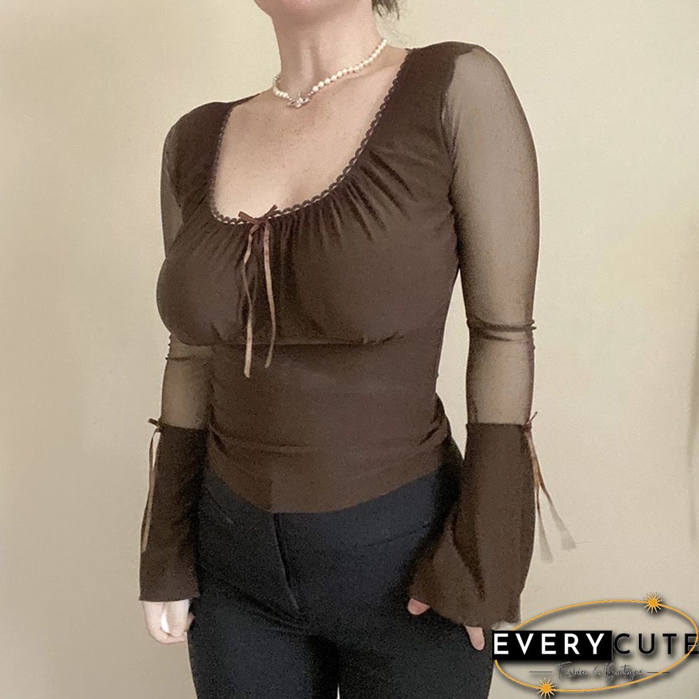 Women Flare Full Sleeve Tshirt Slim Elegant Slim Mesh Patchwork Transparent High Street Vintage T Shirt Femme Tops