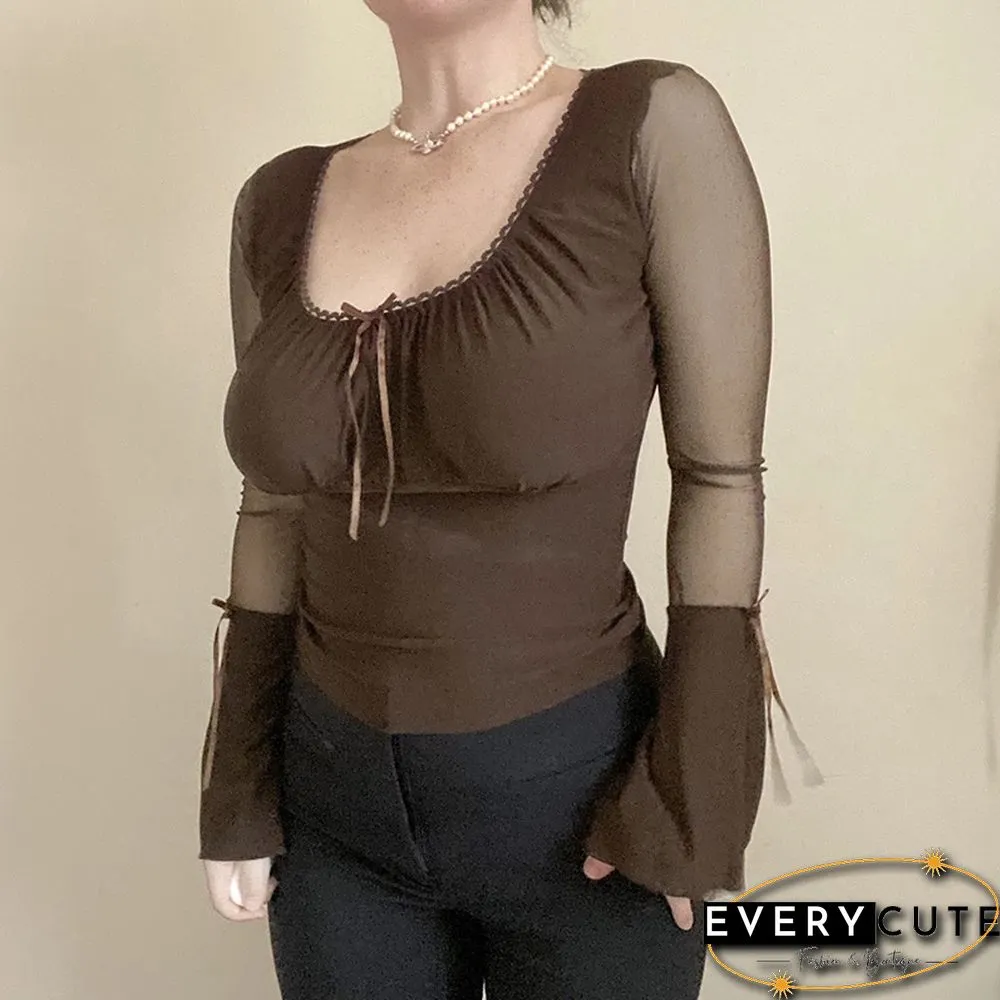 Women Flare Full Sleeve Tshirt Slim Elegant Slim Mesh Patchwork Transparent High Street Vintage T Shirt Femme Tops