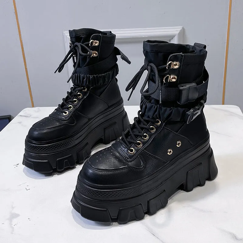 Green Punk Chunky Platform Motorcycle Boots Women Autumn Winter Gothic Shoes Woman Thick Bottom Lace Up Ankle Botas Mujer