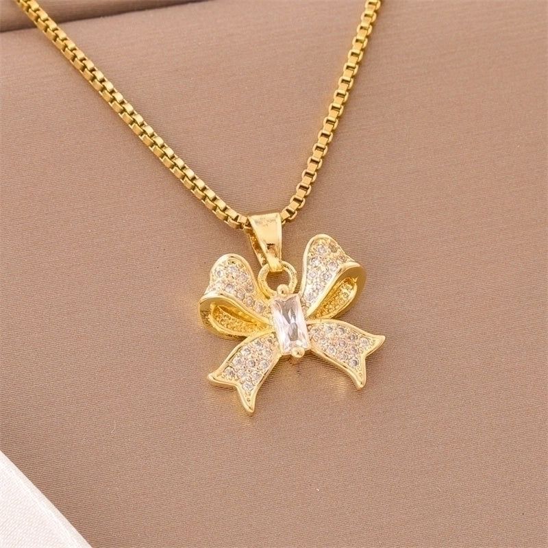 Stainless Steel Titanium Steel 18K Gold Plated Elegant Minimalist Streetwear Plating Inlay Heart Shape Flower Butterfly Zircon Pendant Necklace