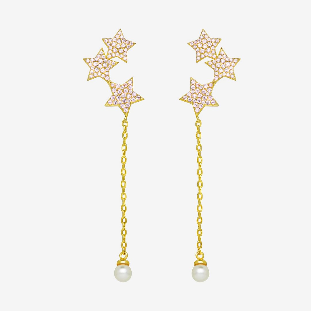 Pink Stars Features Pearl Threader Earrings in 14K Gold