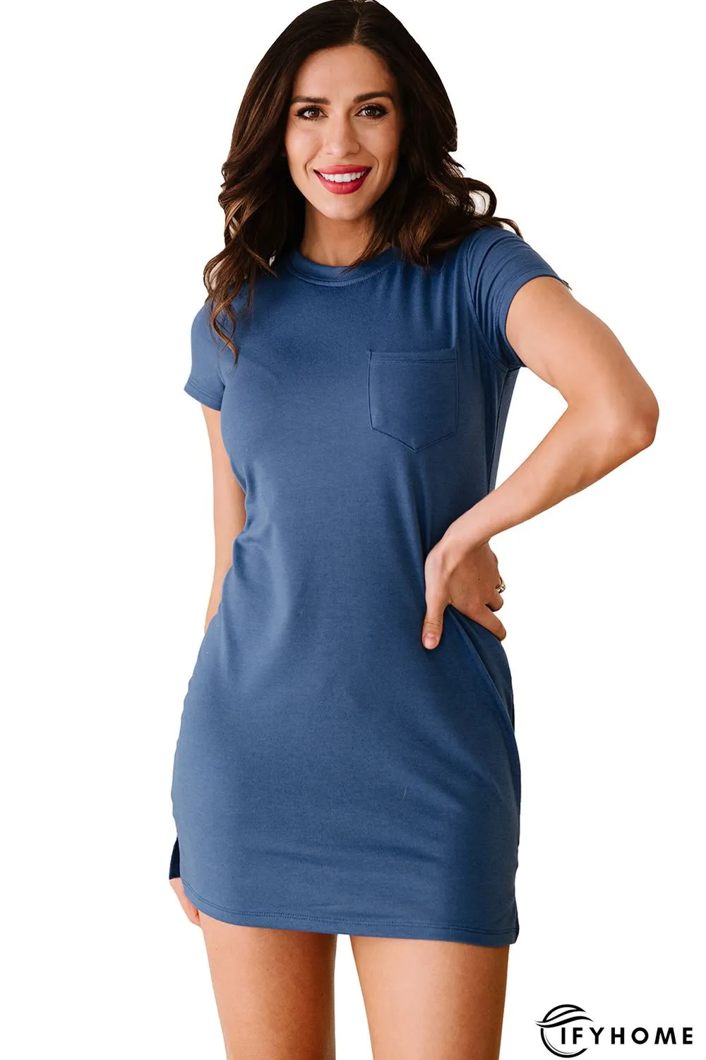 Blue Crew Neck Short Sleeve Pocket Solid Color Casual Mini Dress | IFYHOME