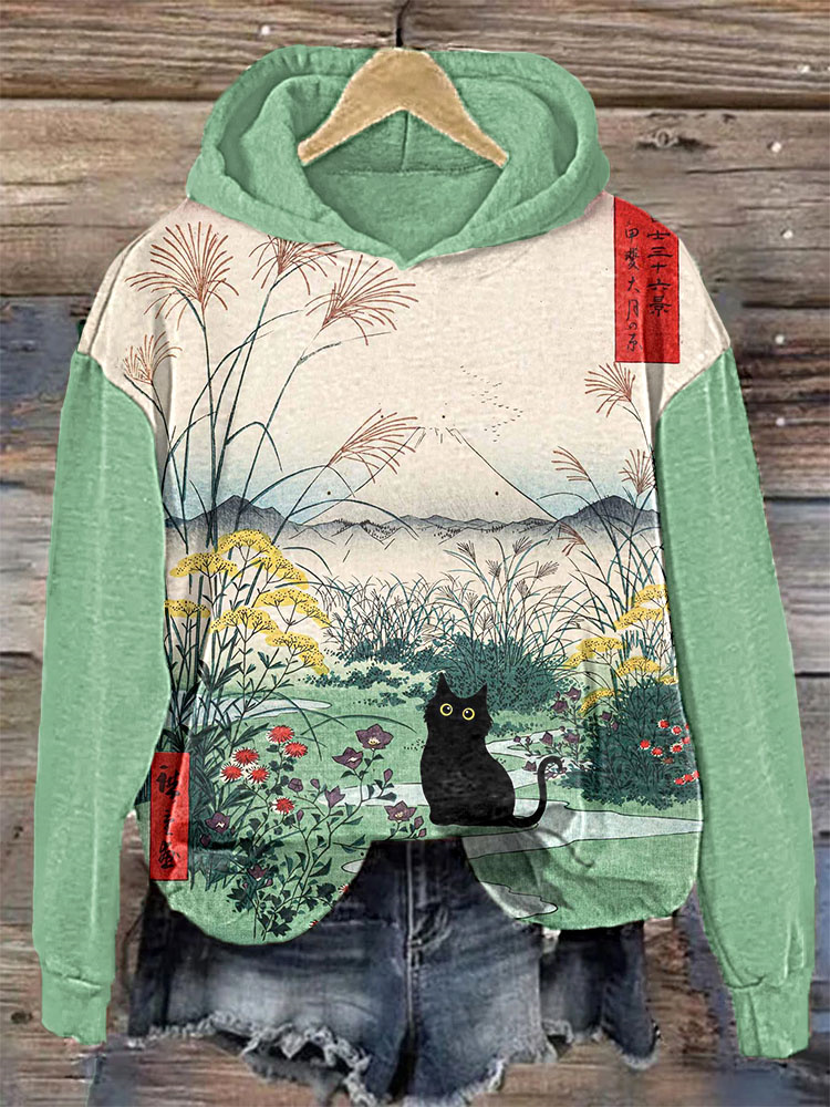 Japanese Art Painting Black Cat Print Casual Cozy Hoodie wearshes