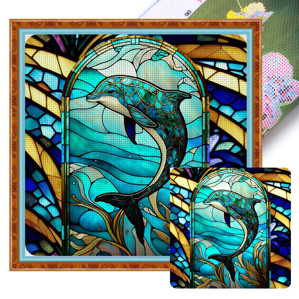 11CT Full Stamped Cross Stitch - Stained Glass Dolphin(Canvas|40*40cm)