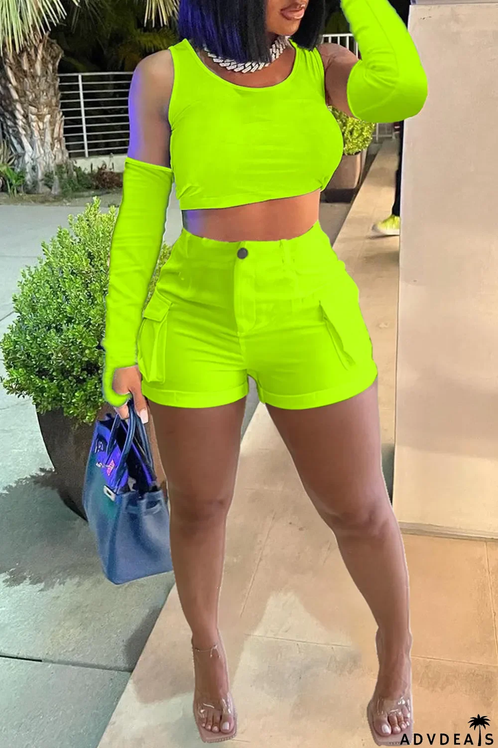 Khaki Casual Solid Basic O Neck Four Piece Set (With Sleeves)