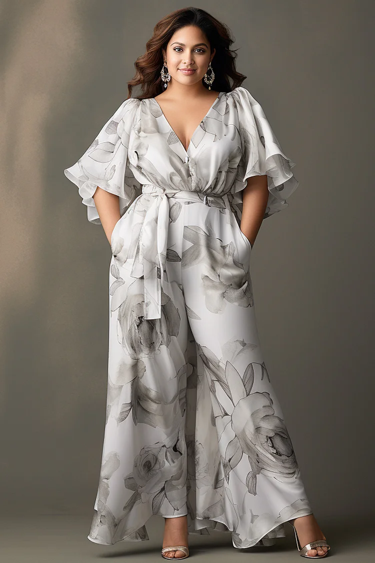 Flycurvy Plus Size White Everyday Flutter Sleeve With Belt Pocket Floral Print Chiffon Jumpsuit  Flycurvy [product_label]