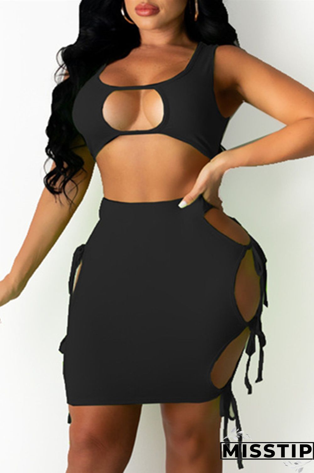 Orange Fashion Sexy Solid Hollowed Out Strap Design U Neck Sleeveless Two Pieces