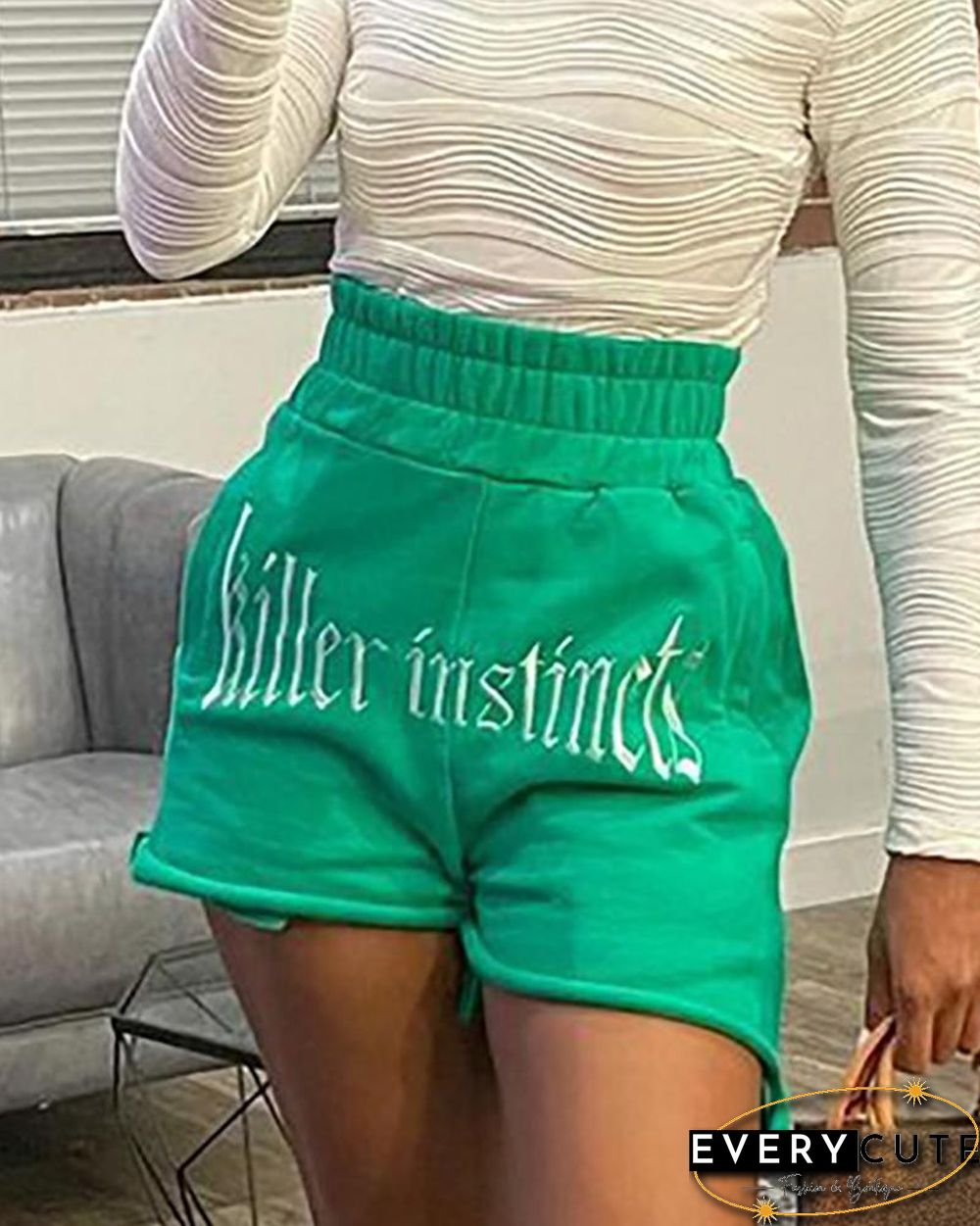 Letter Embroidery Shirred High Waist Casual Shorts