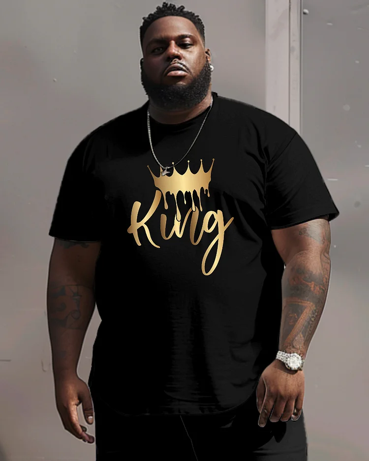 Men's Plus Size King With Crown Pattern Round Neck Short Sleeve Tee