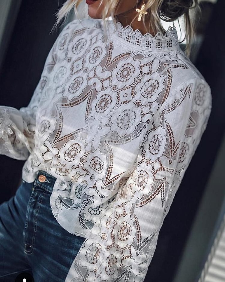 Long Sleeve Hollow Out Lace Casual Top