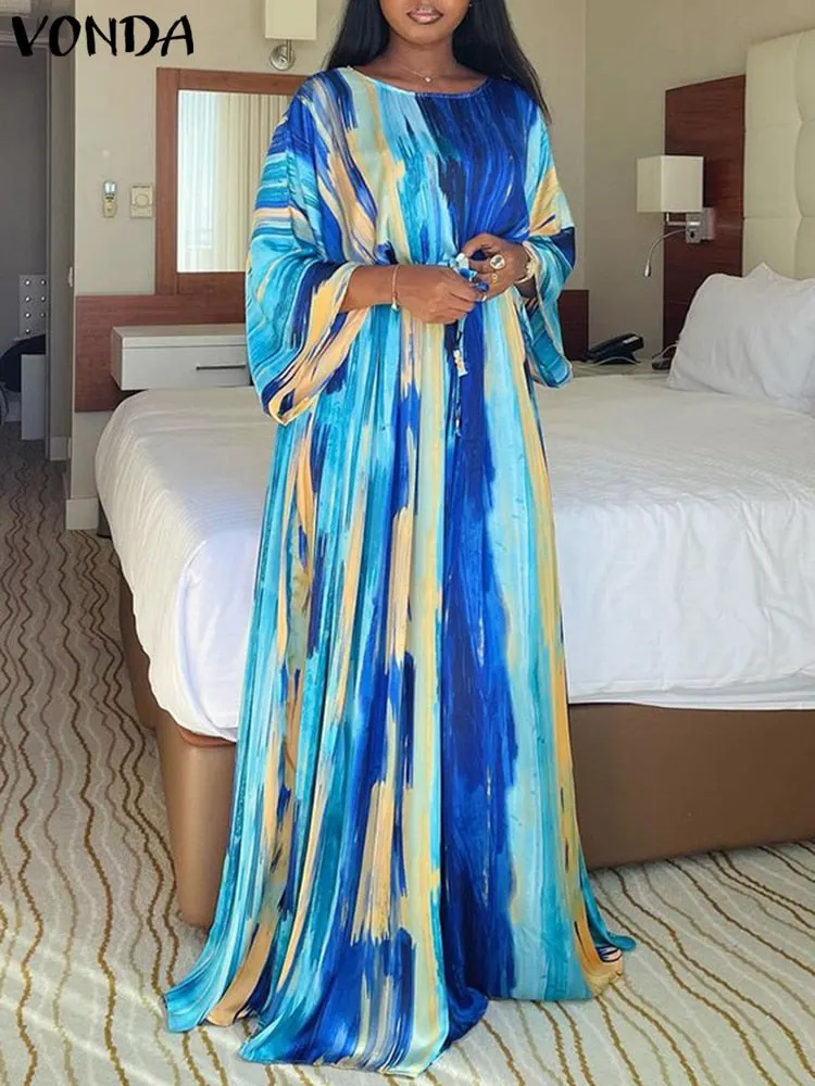 VONDA Elegant Summer Maxi Dress 2022 Women Sundress Vintage Printed Holiday Party Dress Belted Vestidos Oversized