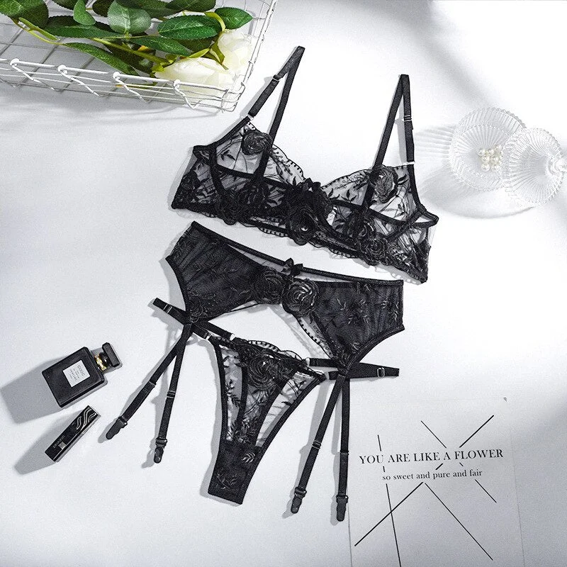 MIRABELLE Erotic Lingerie Woman 3-Piece Transparent Set Fancy Embroidery Underwear Brief Set Sexy Lace Bra And Thong Garters Set