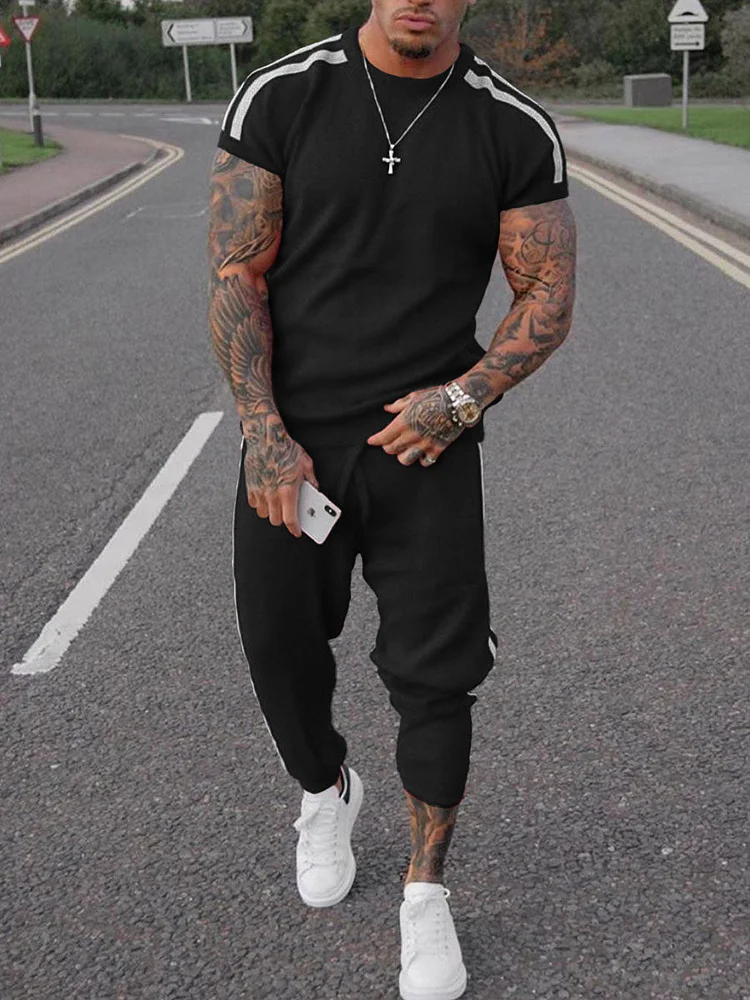 Men's Black Sports Crew Neck Casual Suit