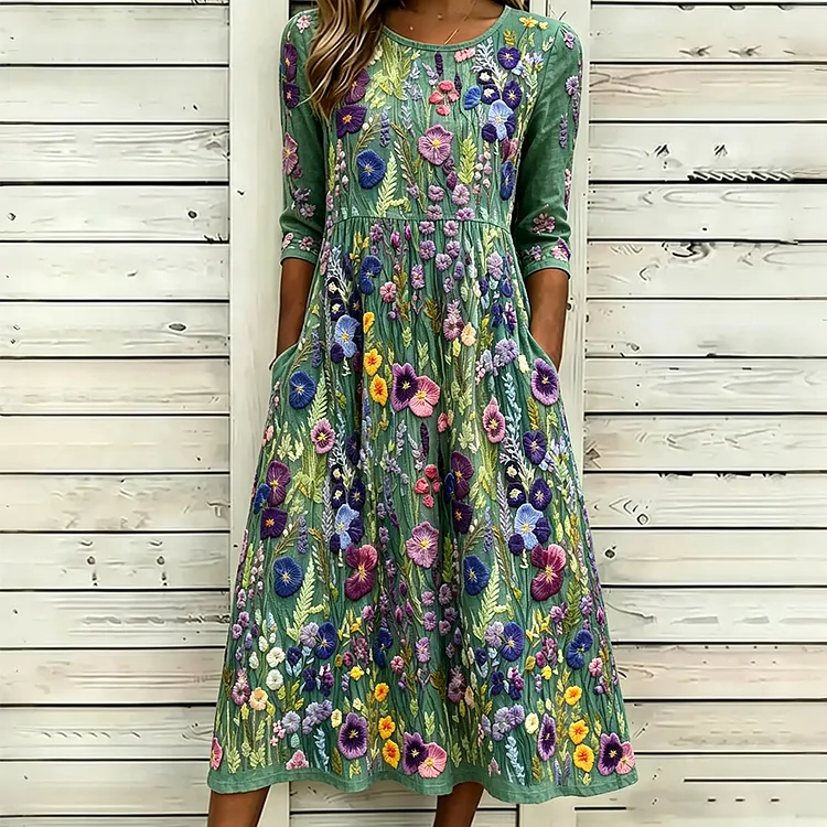 Elegant Violet Wildflower Embroidery Art Linen Maxi Dress