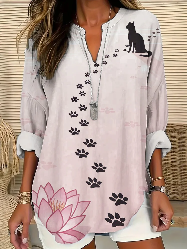 Simpfit Leinenhemd für Damen mit Katzenpfoten-Muster im japanischen Stil